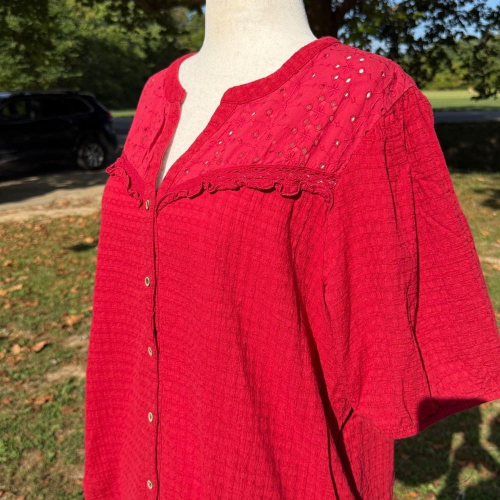Knox Rose Red Eyelet Lace Yoke Button Front Gauze Blouse XXL Short Sleeve Boho - Picture 5 of 7